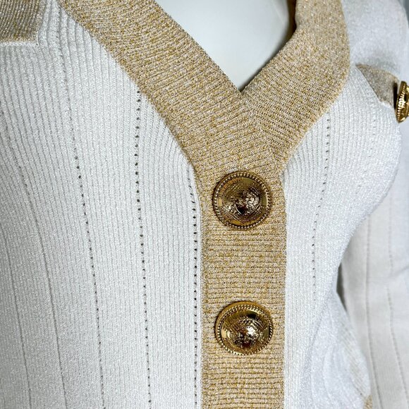 Authentic Balmain Off White Gold Ribbed Knit Cropped Cardigan Mini Skirt Set 38 - Picture 6 of 10